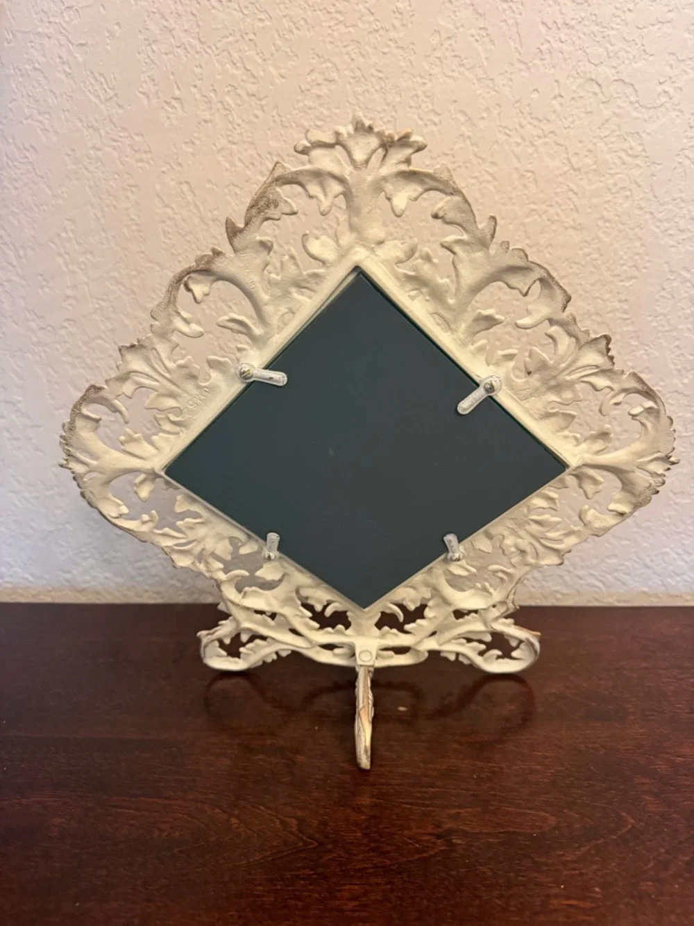 Vintage Victorian Style JM 52 Cast Iron Table Top Mirror Easel 14x13 Ivory Gold